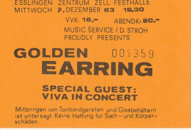 Golden Earring show ticket#1359 front December 07 1983 Slagharen - De Bonte Wever